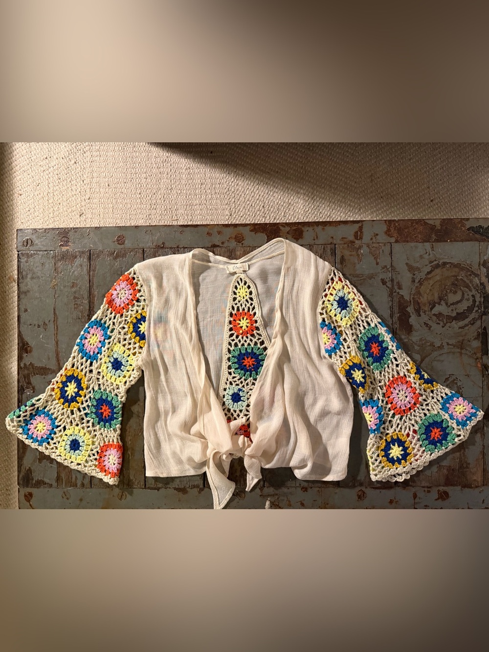 Elan Cream Tie-Front Top with Multicolor Crochet Sleeves